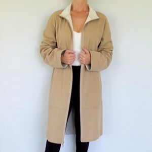 DKNY tan camel wool fleece zip front high neck long winter coat size large